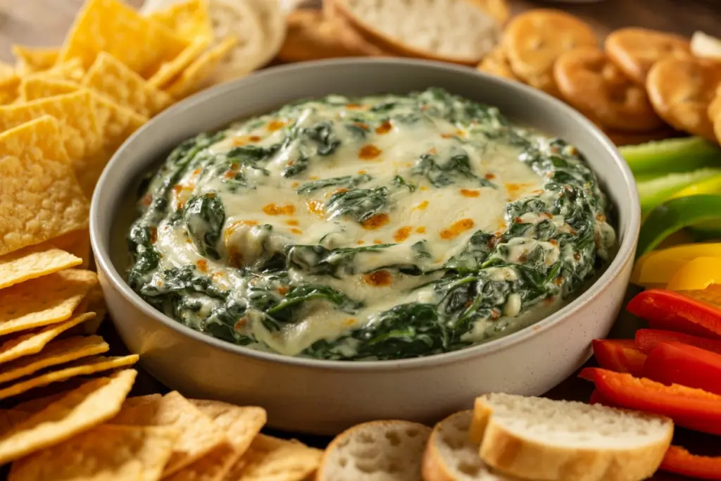 Cheesy spinach dip served