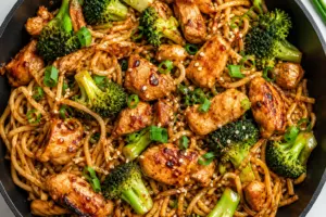 One-Pan Garlic Chicken and Broccoli Noodles Bowls