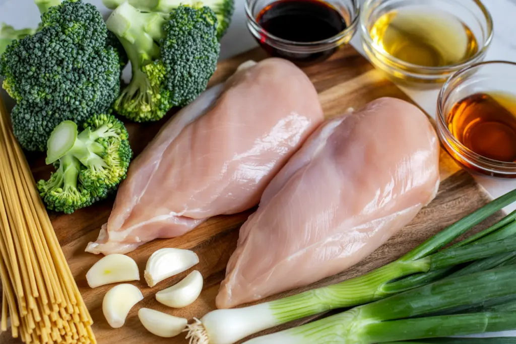 Ingredients for Chicken and broccoli noodles bowls with garlic sauce