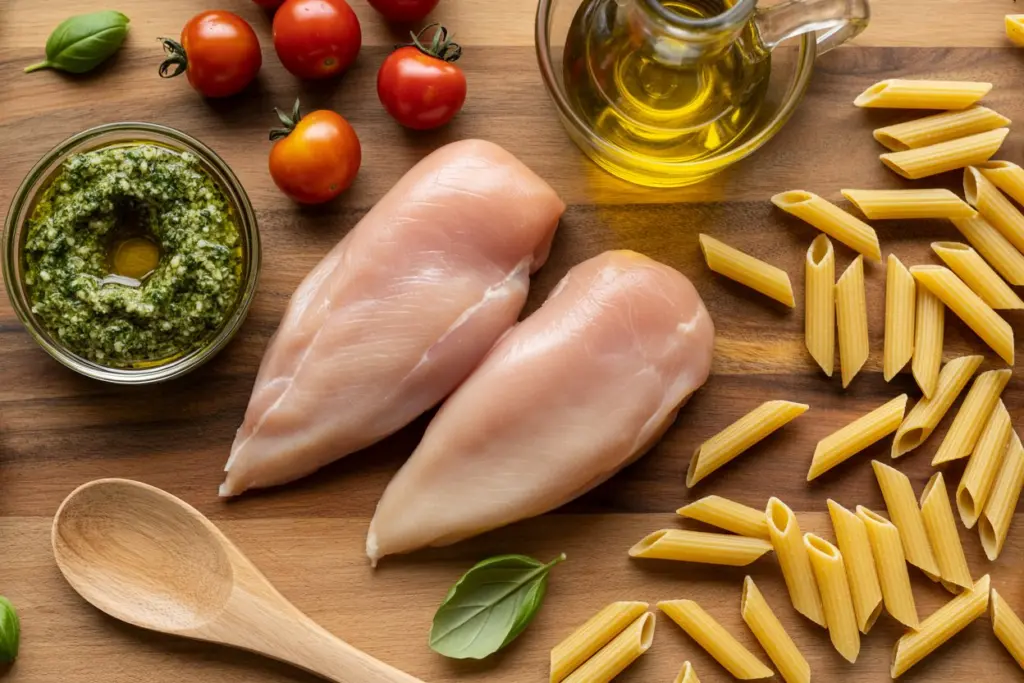 ingredients for chicken pesto pasta with roasted tomatoes