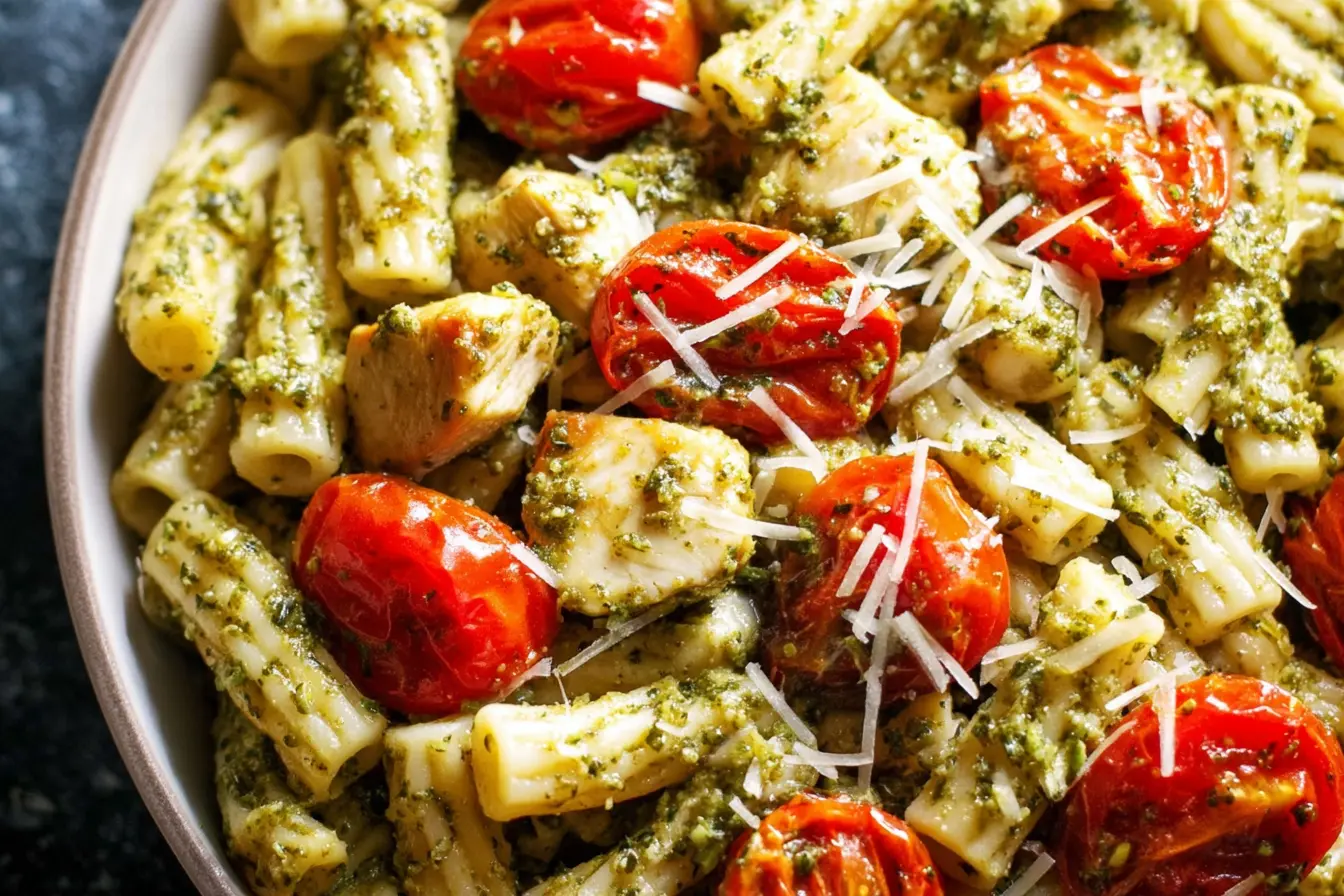 Easy Chicken Pesto Pasta with Roasted Tomatoes Recipe