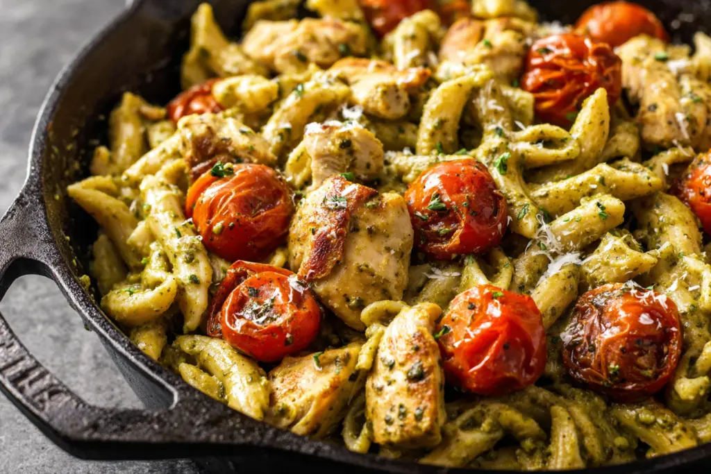 chicken pesto pasta with roasted tomatoes