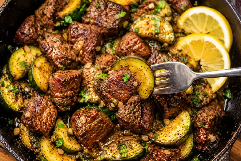 served garlic butter steak and zucchini skillet dinner