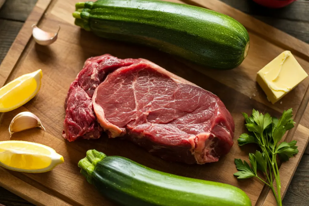 ingredients for garlic butter steak and zucchini recipe