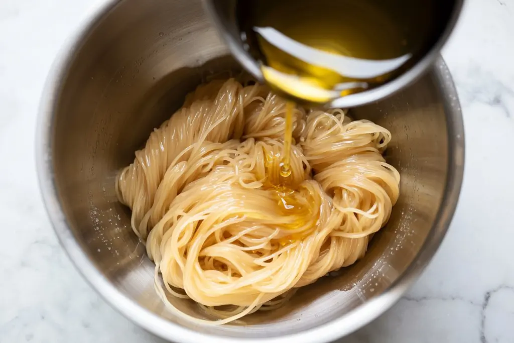 preparing glass noodle salad noodles
