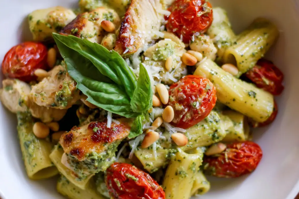serving chicken pesto pasta with roasted tomatoes
