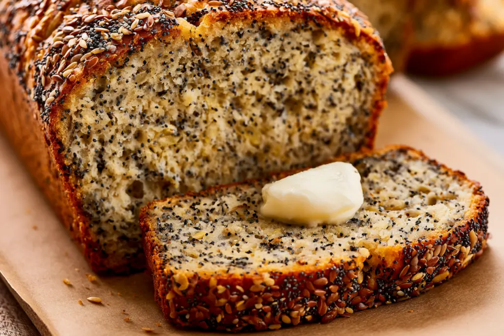 serving seedy sourdough breakfast bread