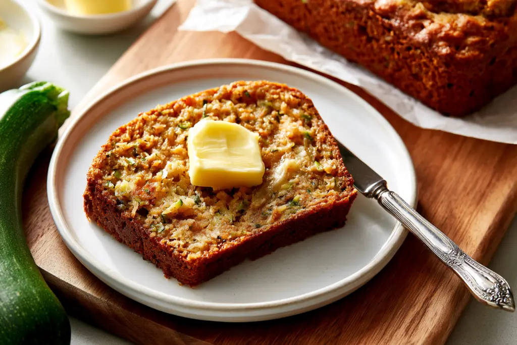 serving sourdough zucchini bread with butter