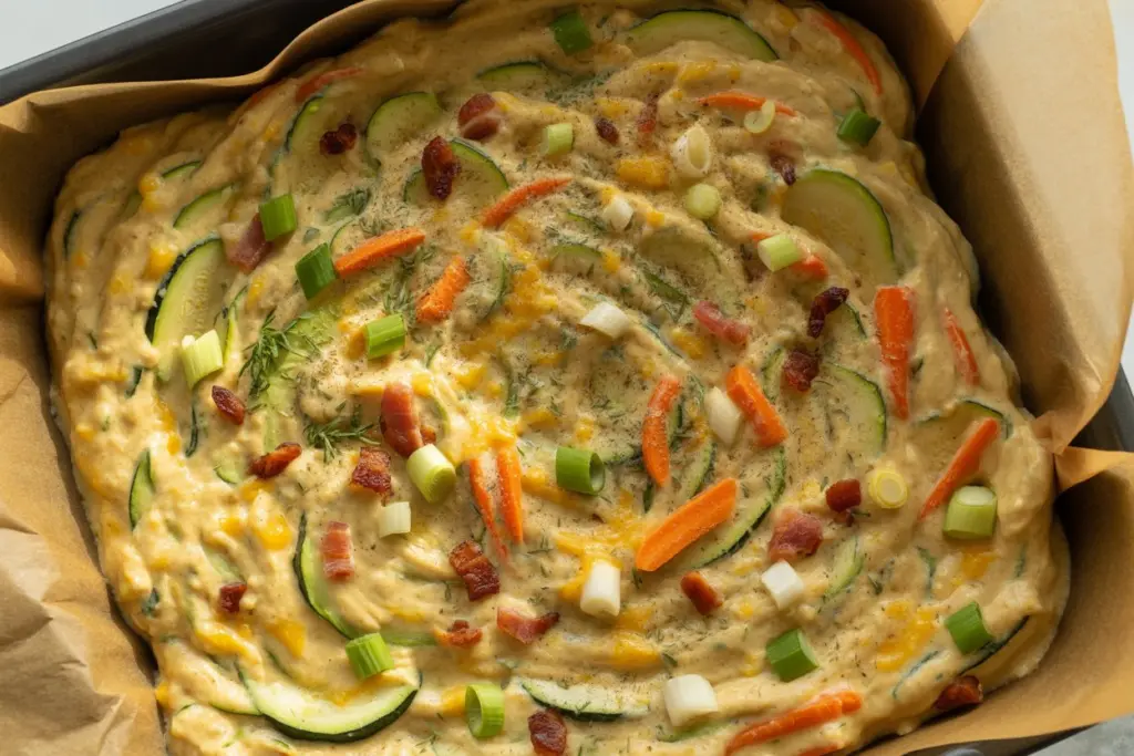 sourdough zucchini bars batter in pan