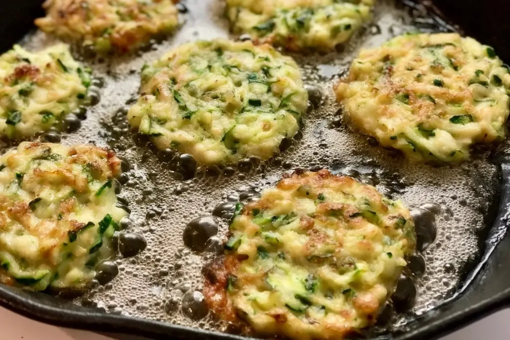 cooking sourdough zucchini fritters in skillet
