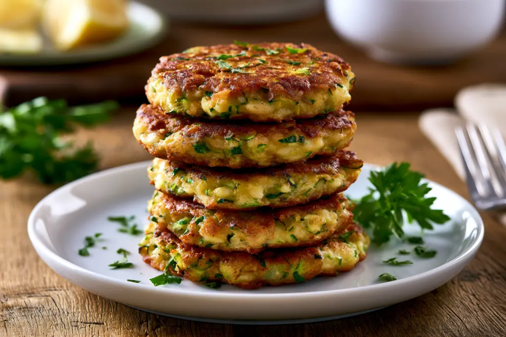 serving sourdough zucchini fritters with sauce