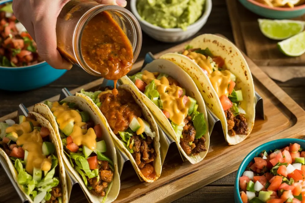 tacos topped with homemade taco sauce