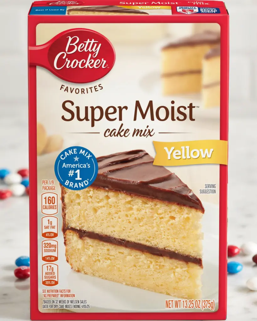 A box of Betty Crocker Super Moist Yellow cake mix