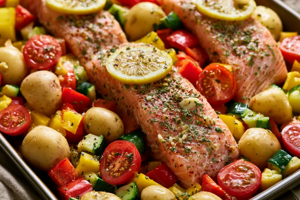 Assemble the salmon tray bake