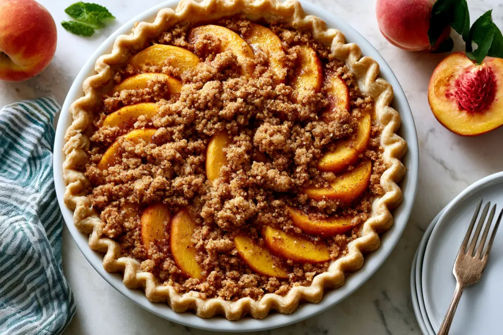 Assembling the Sourdough Discard Peach Crumb Pie 