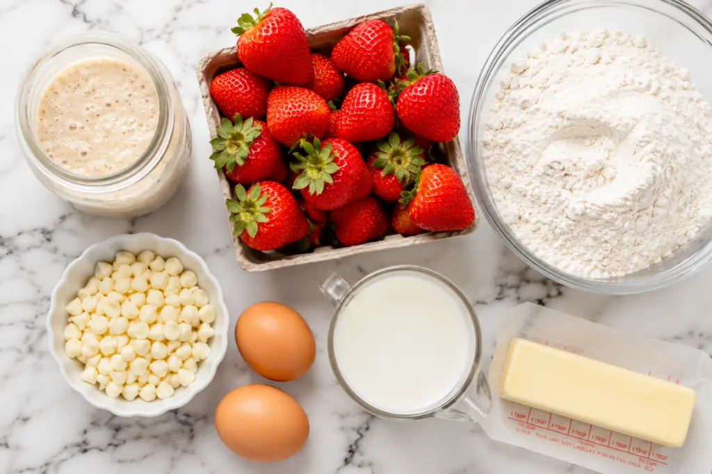 Strawberry White Chocolate Sourdough Muffins {Same-Day & Overnight Methods} 3 Strawberry White Chocolate Sourdough Muffins ingredients flat lay arrangement