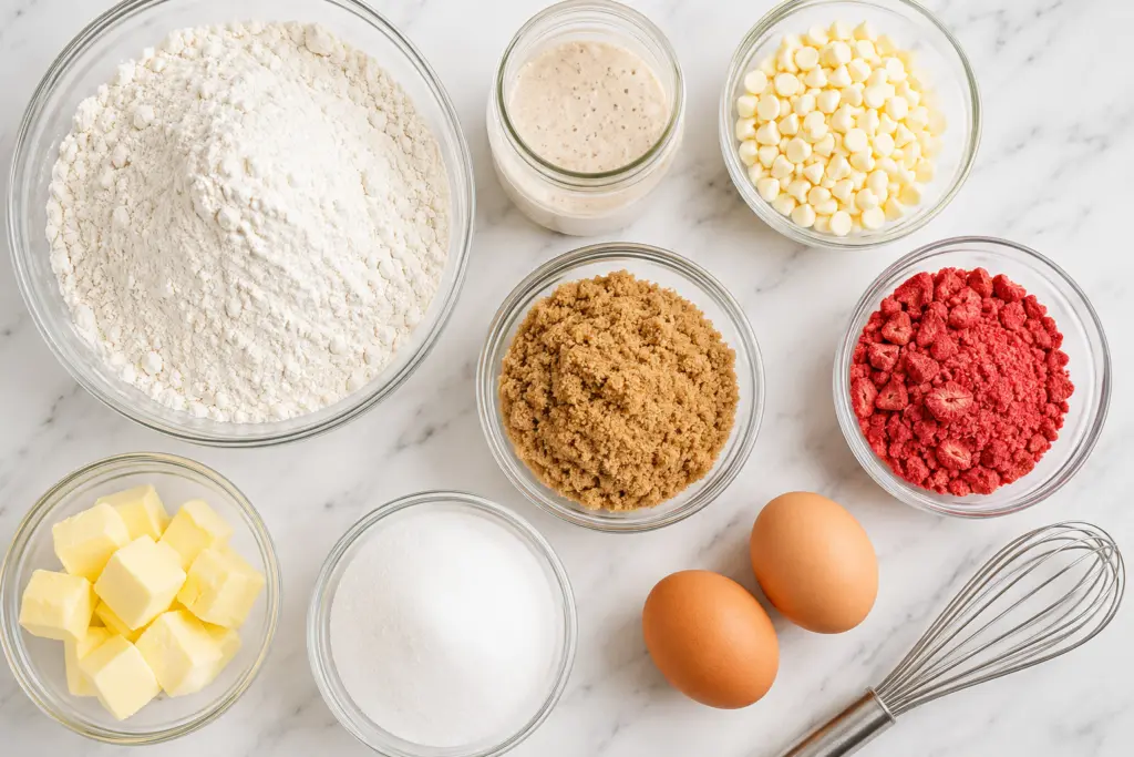 sourdough strawberry cookies Baking ingredients flat lay setup