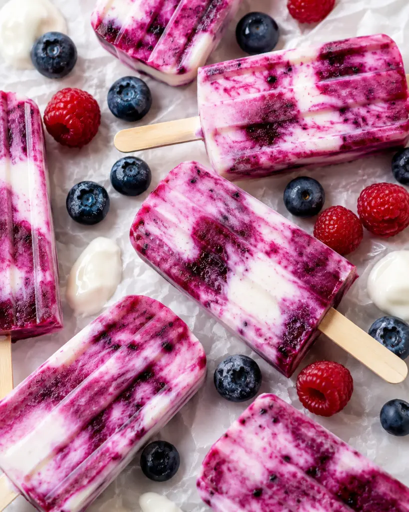 4 Ingredient Blueberry Yogurt Popsicles Recipe 4 Mixed Berry yogurt popsicles on parchment