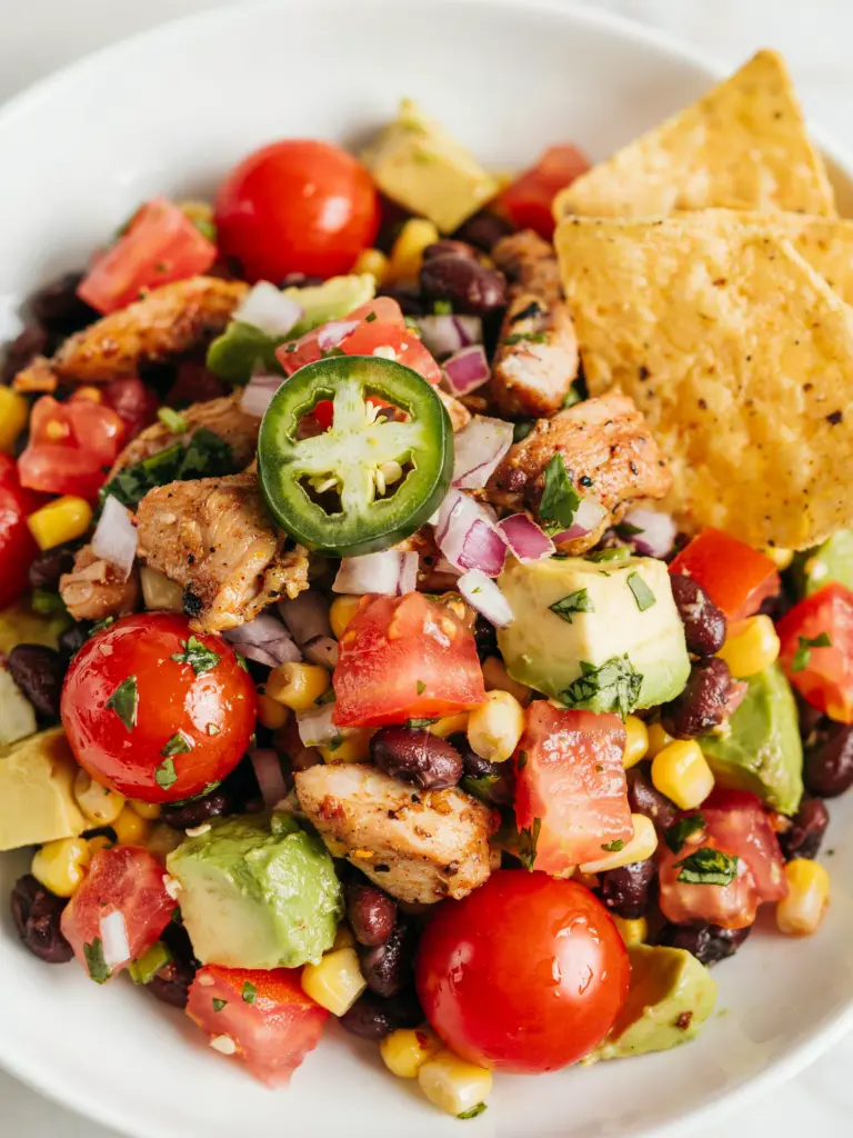 Black Bean Corn jalapeno Salsa with Grilled Chicken Bites