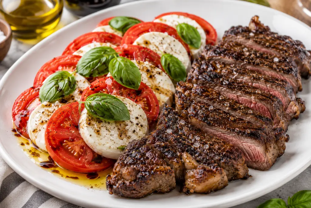 5-Ingredient Fresh Tomato Caprese Salad Recipe 4 Tomato caprese salad and steak plated elegance