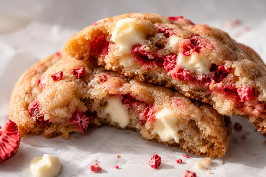 Chewy cookie with white chocolate and strawberry