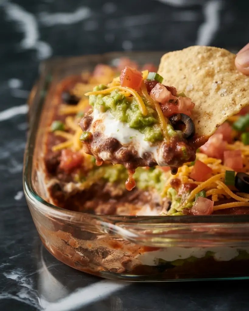 Delicious 7 layer taco dip Recipe 7 Close up macro of a thick, crunchy tortilla chip scooping into a freshly made 7-layer taco dip
