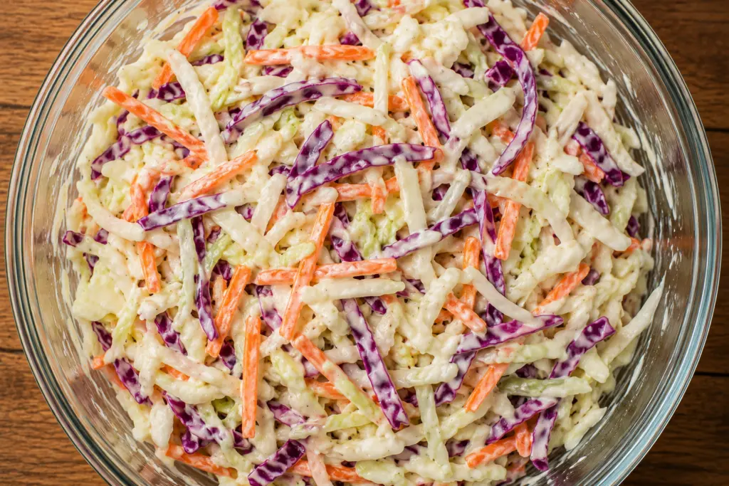 Making the Coleslaw for BBQ crispy chicken coleslaw wraps
