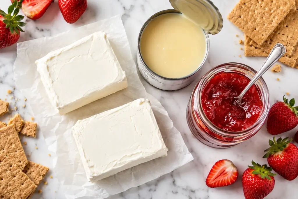 3-Ingredient Fast Strawberry Cheesecake Dip Recipe 2 3-Ingredient Fast Strawberry Cheesecake Dip prep ingredients