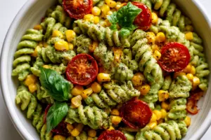 Creamy Avocado Basil Pasta with Corn and Tomatoes