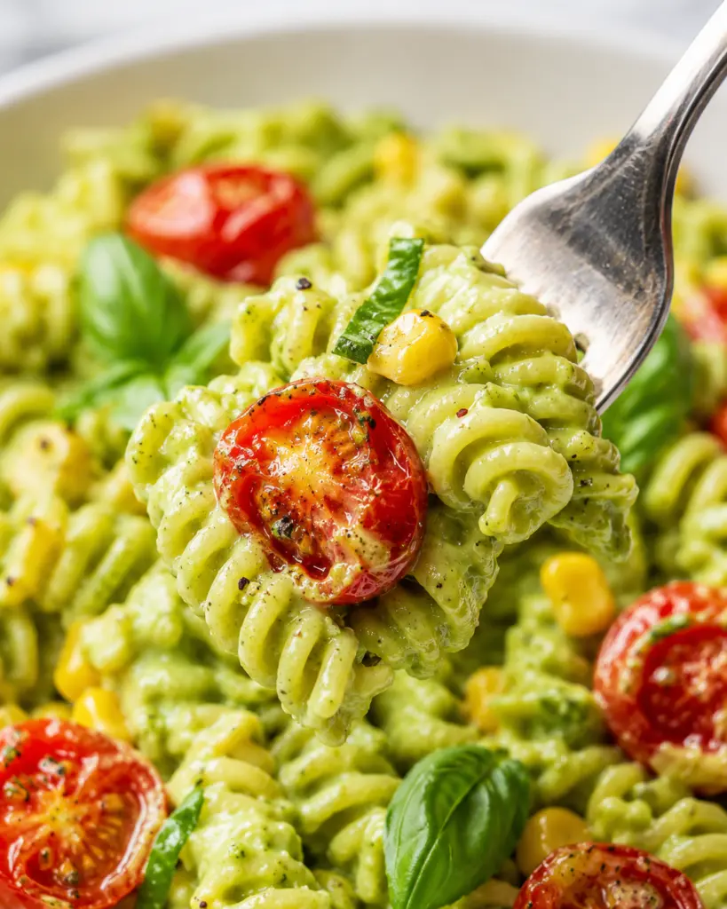 Creamy Avocado Basil Pasta with Corn and Tomatoes 4 Creamy Avocado Basil Pasta with Corn and Tomatoes serving