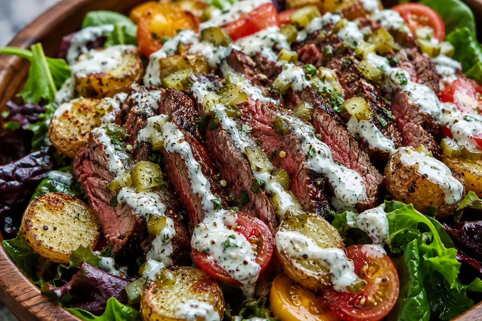 Crispy Potato and Steak Salad with Creamy Pickled Ranch Recipe