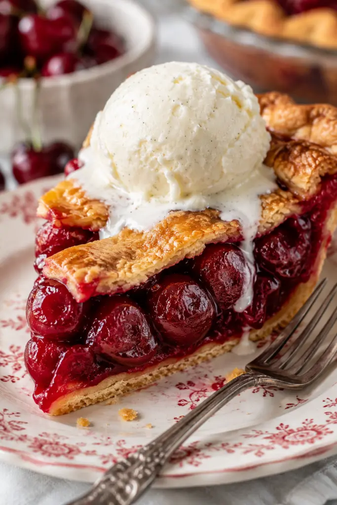 Delicious cherry pie with ice cream