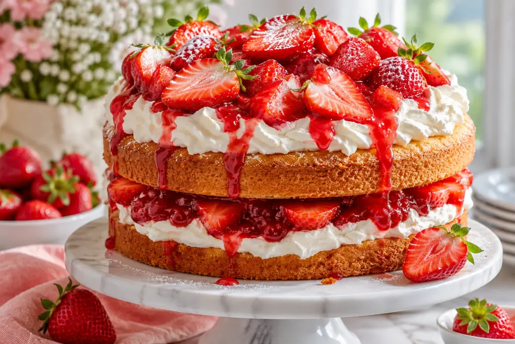Sourdough Strawberry Shortcake Cake Recipe 8 Delightful Sourdough strawberry shortcake on marble stand