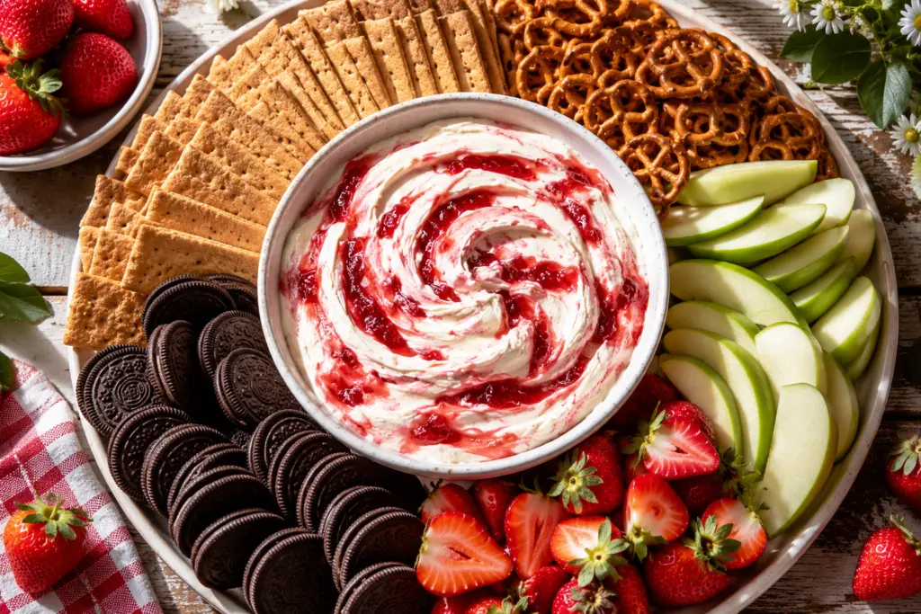 3-Ingredient Fast Strawberry Cheesecake Dip Recipe 4 Dessert Strawberry Cheesecake Dip platter with snacks