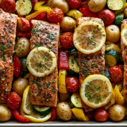 Easy Lemon Garlic Salmon Tray Bake recipe card