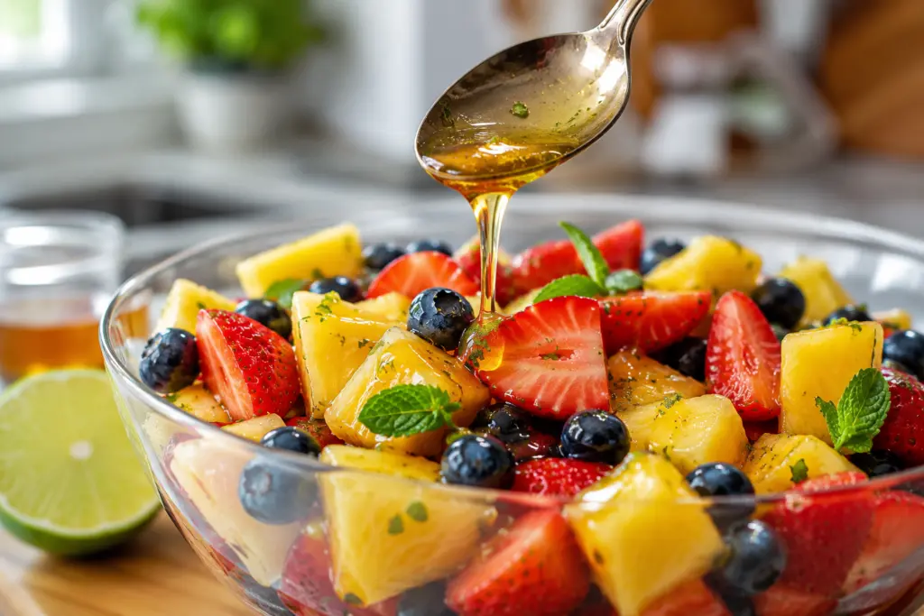 Fresh Berry Pineapple Fruit Salad with syrup drizzle 