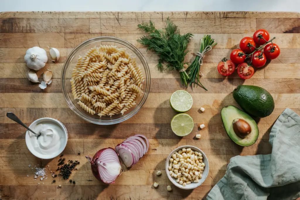 Pasta Avocado Salad with Creamy Avocado Ranch Dressing 2 Fresh ingredients for pasta avocado salad