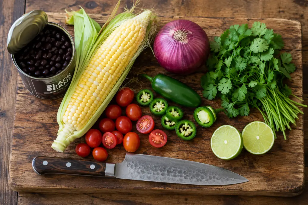 Fresh ingredients of Black Bean Corn Salsa 