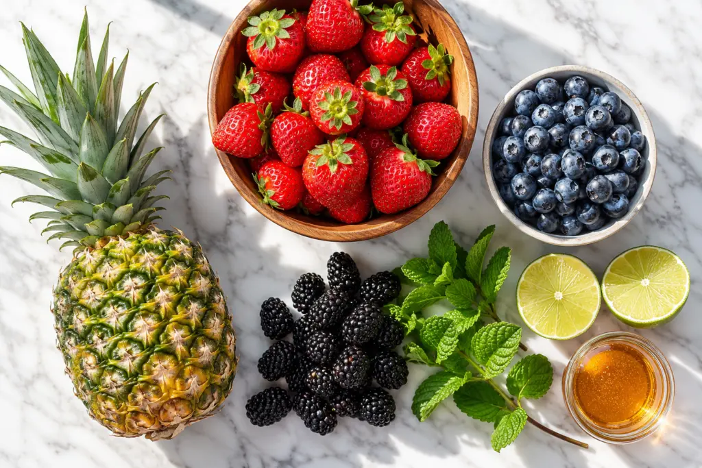 Ingredients for berry pineapple fruit salad