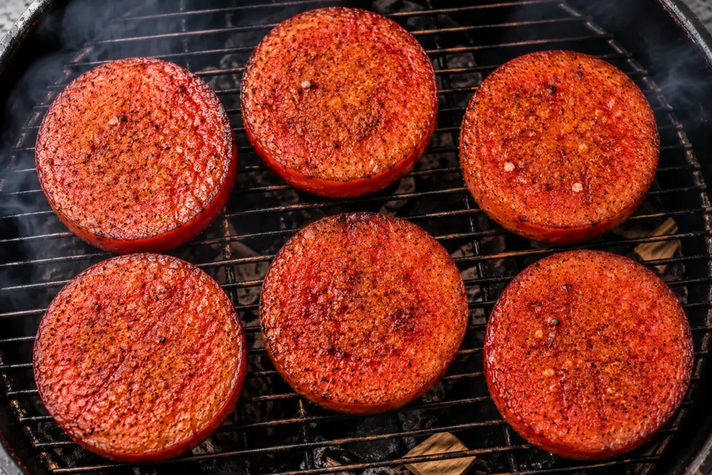 Smoky Watermelon Feta Salad 4 Grilled watermelon steaks on smokey grill