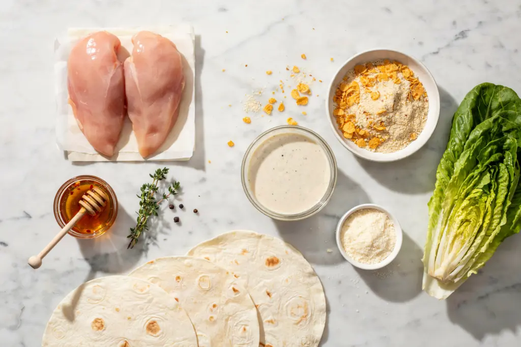 Hot Honey Chicken Caesar Wrap with Crispy Cornflake Crust 3 Hot Honey Chicken Caesar Wrap Ingredient Flat-Lay
