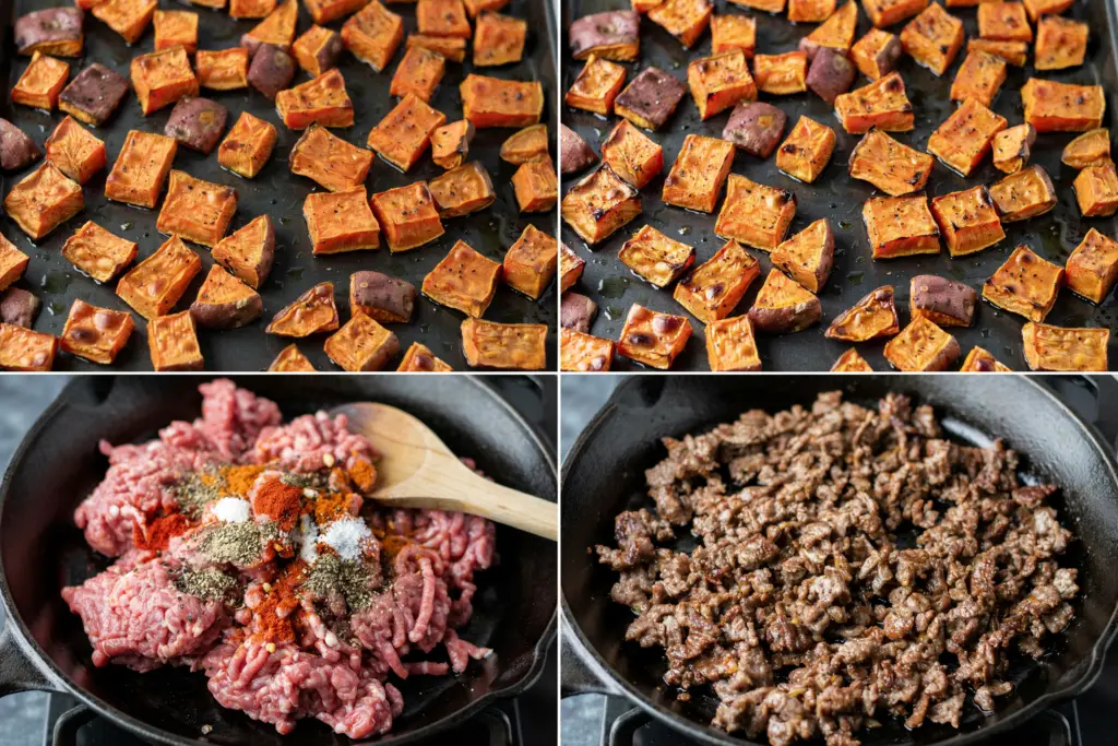 The Viral Street Corn Taco Bowl Recipe 3 A four-panel photo collage showing the preparation of a street corn taco bowl,