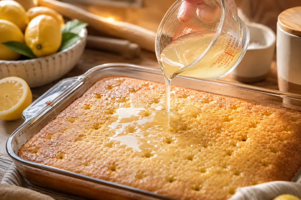 Lemon syrup drizzle on golden Sourdough Lemonade Cake