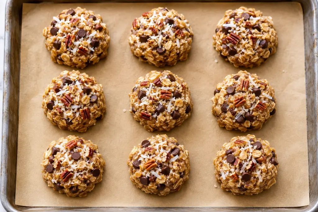 Sourdough Cowboy Cookies Recipe 3 Sourdough cowboy cookies dough in prepared baking sheet with brown paper