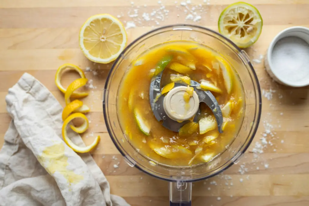 Whole Meyer Lemon Cake Recipe 4 Food Processor filled with chunks of whole Meyer lemons (flesh, pith, and peel)