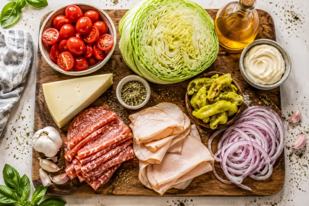 Italian Loaded Grinder Salad Recipe 2 Ingredient Flat-Lay for Italian Loaded Grinder Salad
