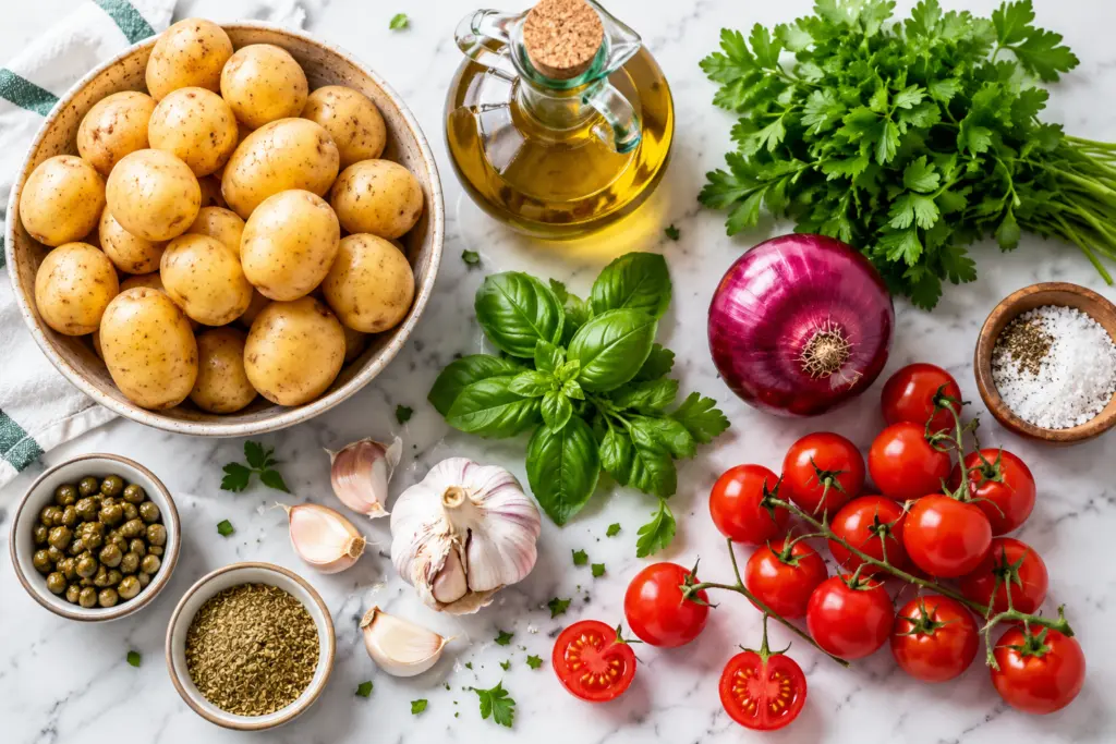 No Mayo Herbed Italian Potato Salad 2 Italian potato salad recipe prep ingredients flat-lay
