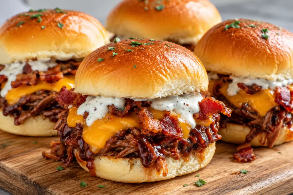 BBQ Chicken Bacon Ranch Sliders Recipe 6 Juicy pulled beef sliders on wooden board