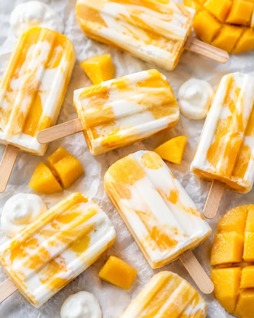 4 Ingredient Blueberry Yogurt Popsicles Recipe 5 Mango yogurt popsicles and fruit flat-lay