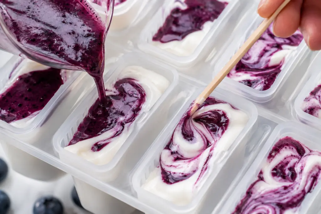 4 Ingredient Blueberry Yogurt Popsicles Recipe 3 Marbled berry yogurt popsicle preparation